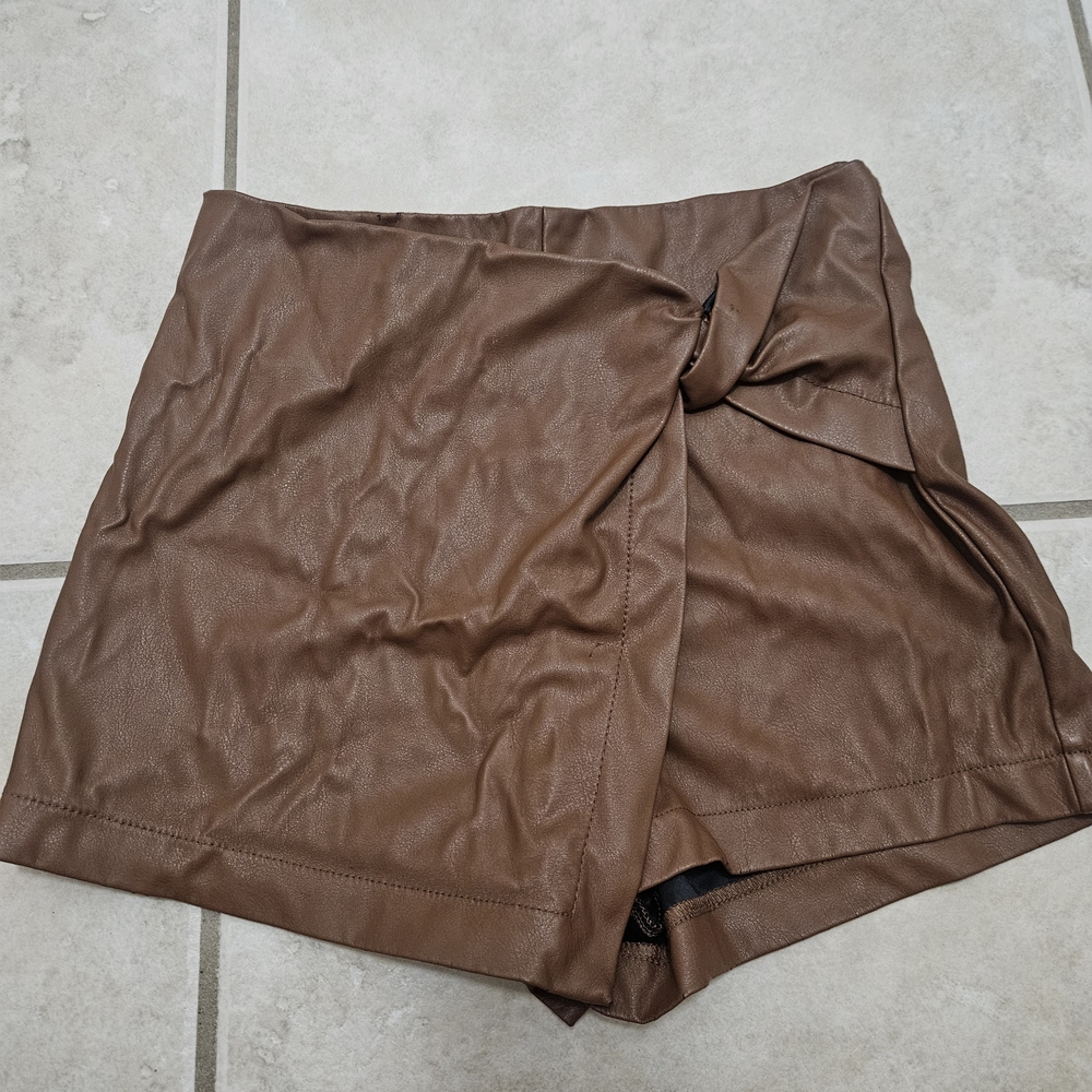 Brown Faux Leather Women Skort